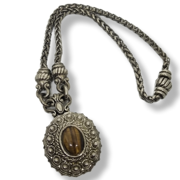 VINTAGE ORNATE SILVERTONE TIGERS EYE PENDANT & WHEAT CHAIN STATEMENT NECKLACE - Picture 3 of 8